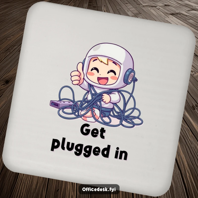 Funny cheerful character giving a thumbs up while tangled in computer cables on a drink coaster for humorous table protection.