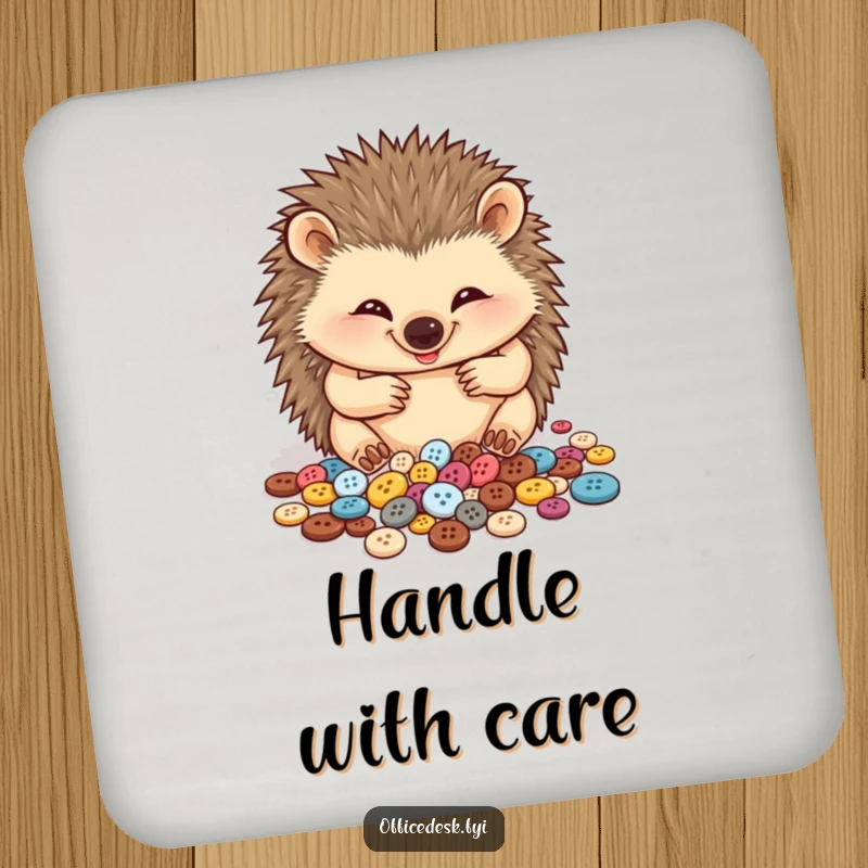 Funny coasters depicting a cheerful hedgehog meticulously organizing its collection of very small buttons, adding cute flair to any table.