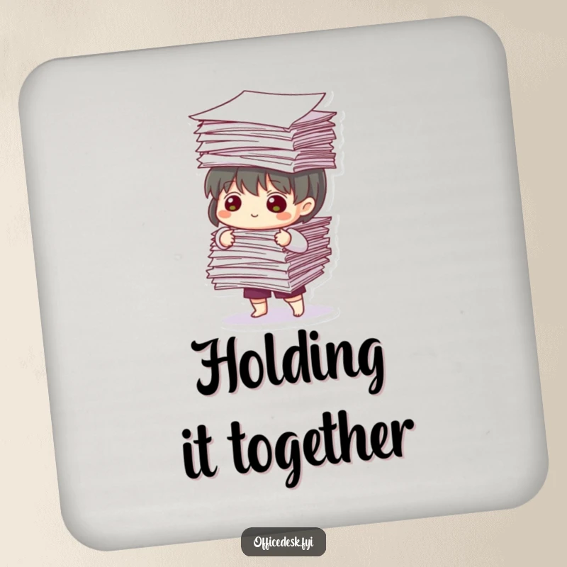 Funny Coaster: Character intensely balances a large stack of papers, symbolizing the challenges of office work.