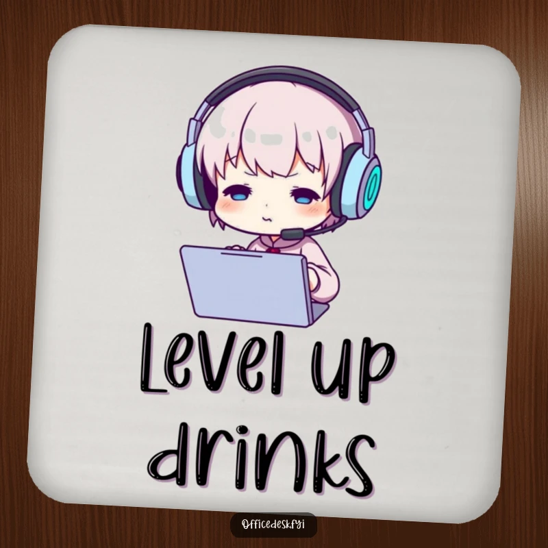 Funny drink coaster featuring a small character wearing oversized headphones, intently focused on a screen, bringing tech humor.