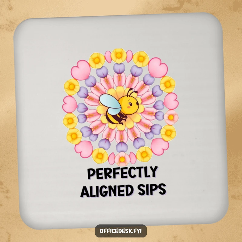 Funny coasters featuring a busy bee arranging flower petals in a perfect geometric pattern, adding artistic and charming flair to any surface.
