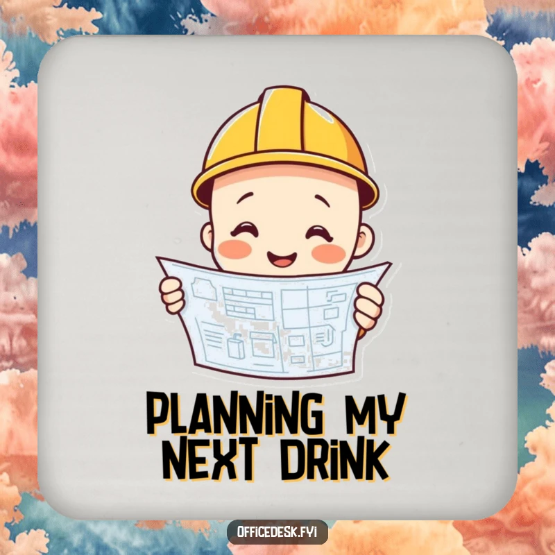 Funny construction worker smiling, hard hat, blueprint graphic, drink coaster, surface protection, funny gift.
