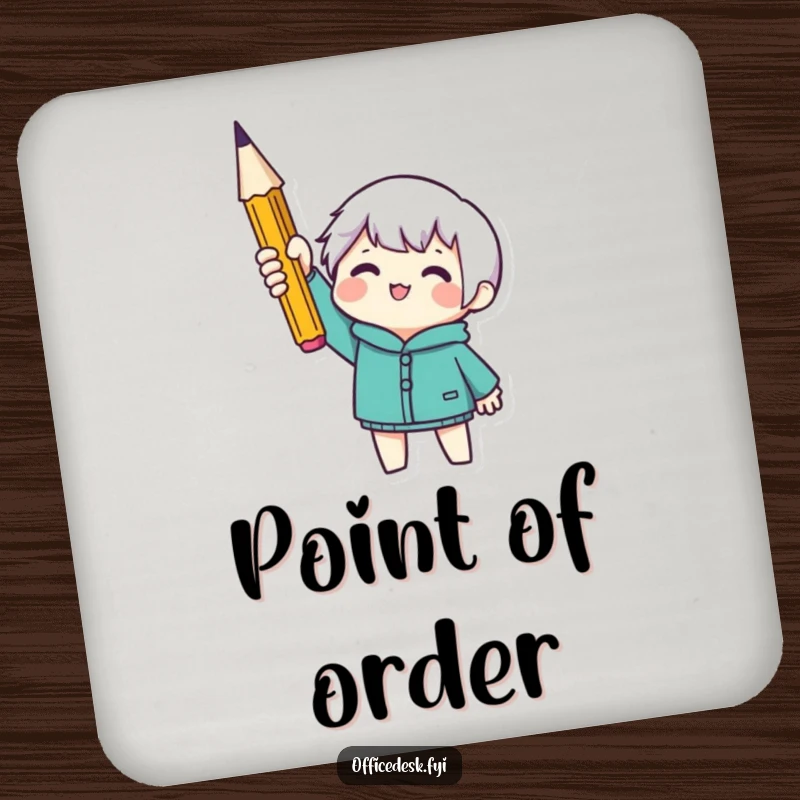 Funny drink coasters with a tiny character holding a sharp pencil, providing surface protection with a humorous touch. Great for desks.