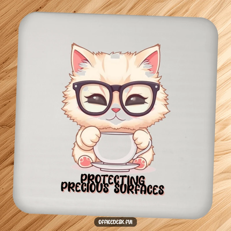 Funny Cat Glasses Coaster: A fluffy cat in large glasses polishing a teacup, protecting surfaces with elegant humor and style.