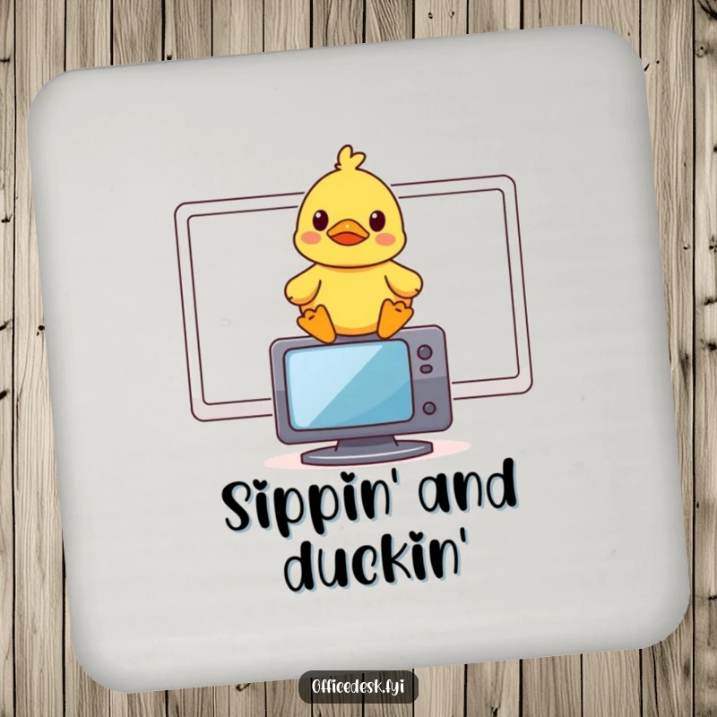 Funny drink coaster with a small rubber duck sitting on a monitor, looking amused.