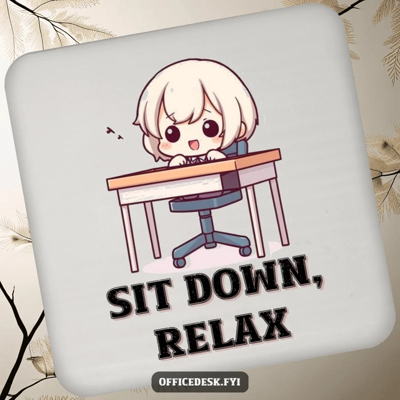 Funny drink coaster depicting a small character comically trying to fit into a tiny chair, adding humor to table protection.