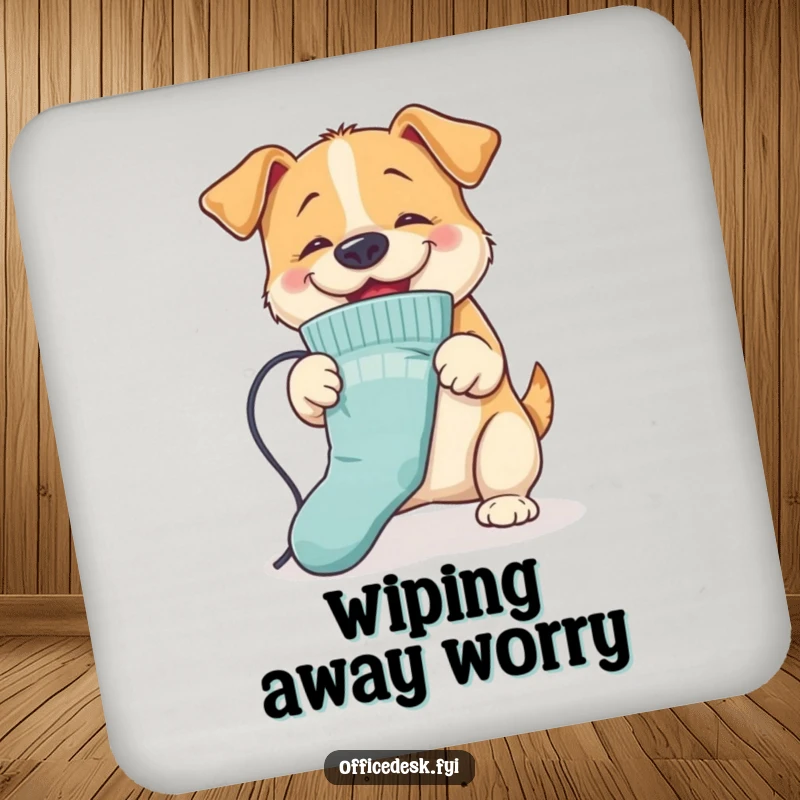 Funny Dog Ironing Coaster: A bouncy dog ironing a sock with its nose, protecting surfaces with energetic humor and style.
