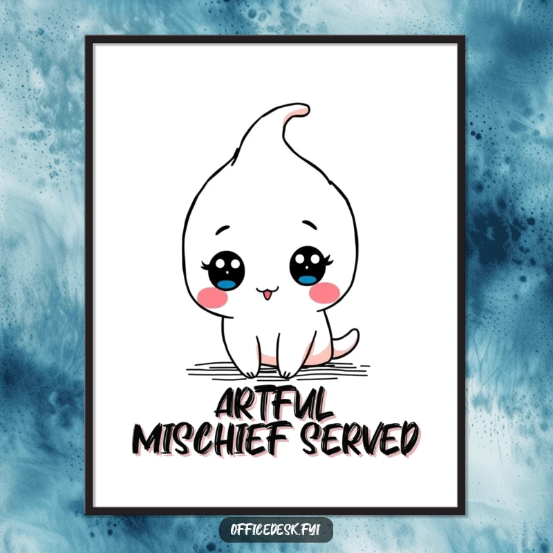 Funny poster of a kawaii pen character drawing a doodle with a flourish, adding a touch of artistic humor.