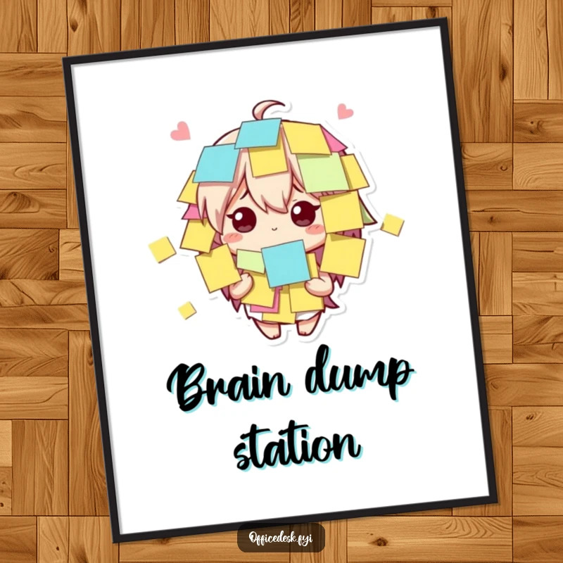 Funny cute character covered in sticky notes, looking bewildered yet amused, as a funny wall art print.