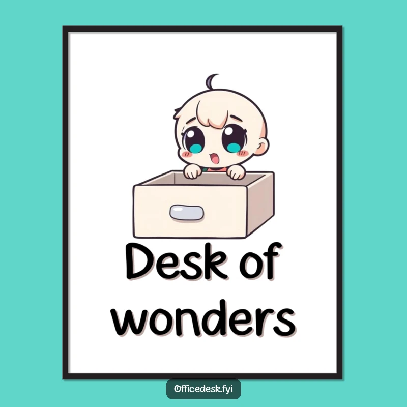 Funny Desk Secrets Poster: Excited Character Finds Hidden Drawer, Intriguing Wall Art Funny Gift