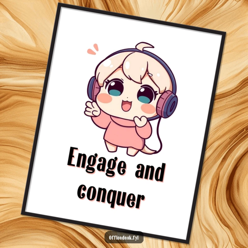 Funny poster art of a playful character in a headset, enthusiastically gesturing during a video call, capturing animated communication.