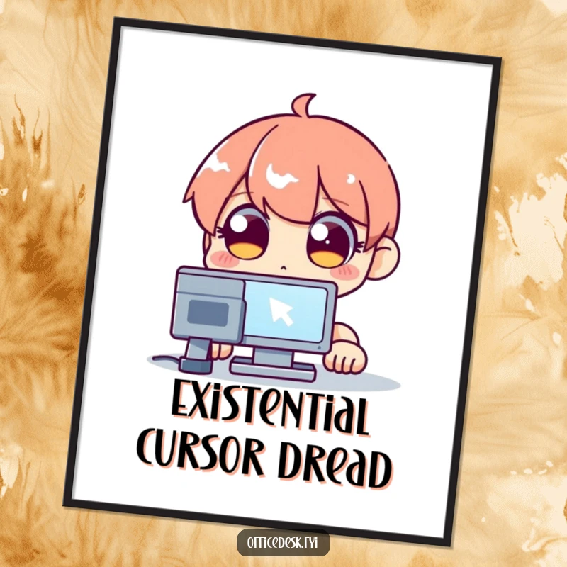 Funny poster featuring a wide-eyed character’s intense gaze fixed on a blinking computer cursor, a piece of tech humor art.