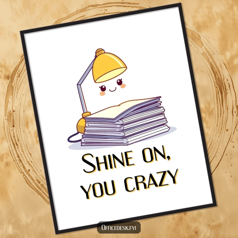 Funny desk lamp poster, a miniature grinning lamp character illuminating a pile of papers, whimsical office decor art.
