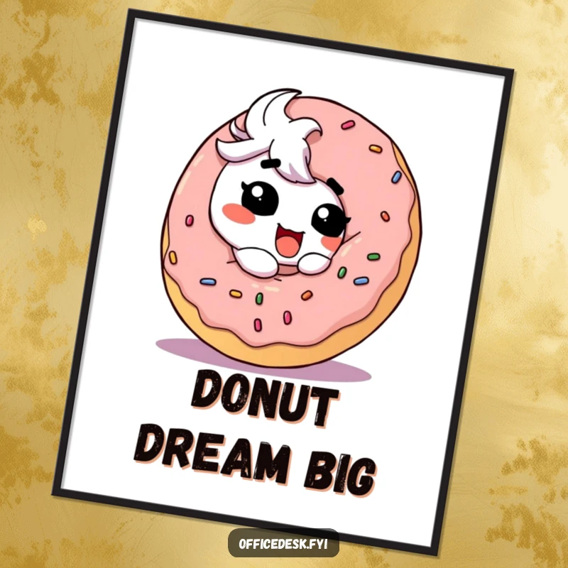 Funny Poster: A cute character with a huge goofy smile about to take a massive bite out of a giant, tempting donut.