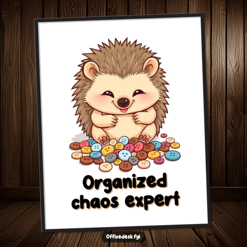 Funny poster of a beaming hedgehog engaged in the precise organization of a massive pile of tiny buttons, showcasing cute dedication.