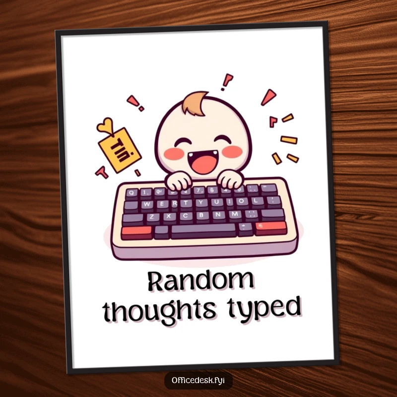 Funny Poster: A small, smiling keyboard character joyfully typing a stream of happy, jumbled text, embodying digital communication humor.