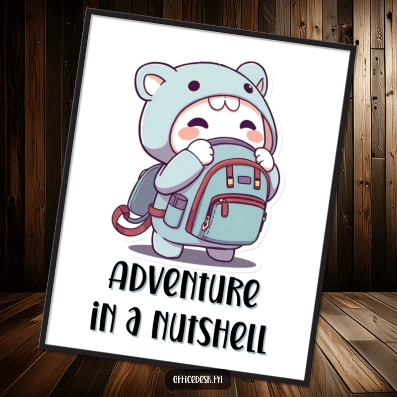 Funny poster art of a character zip-locking a microscopic backpack, conveying humorous ambition and tiny adventures.