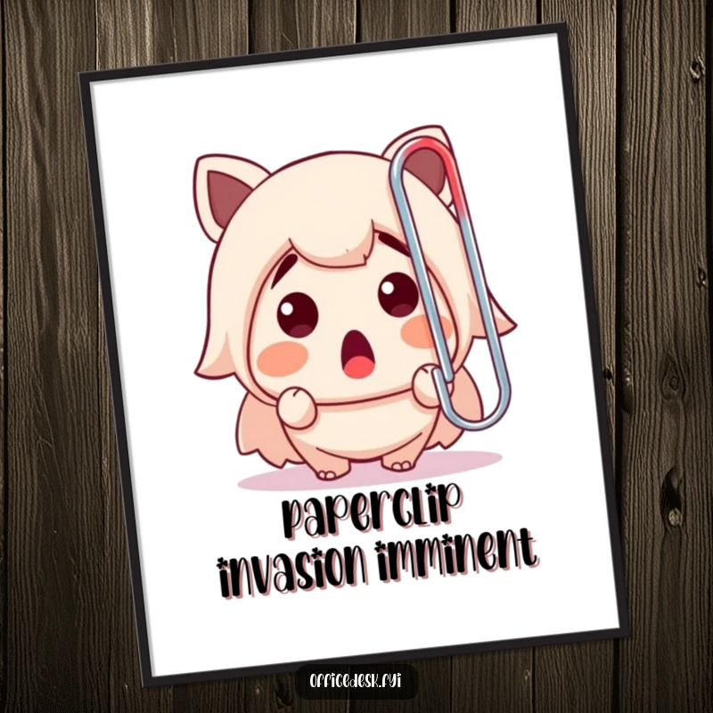 Funny poster showing a cute character expressing shock at an enormous rogue paperclip, highlighting office absurdity for wall art.