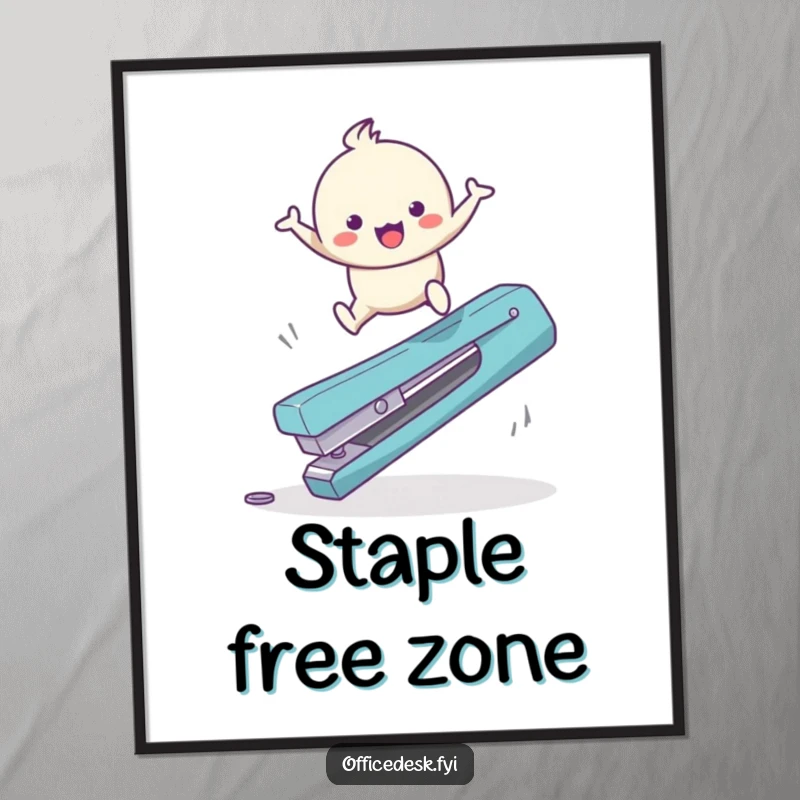 Funny Poster: A small, happy character joyfully leaping high over a large, fallen staple remover, depicting office agility.