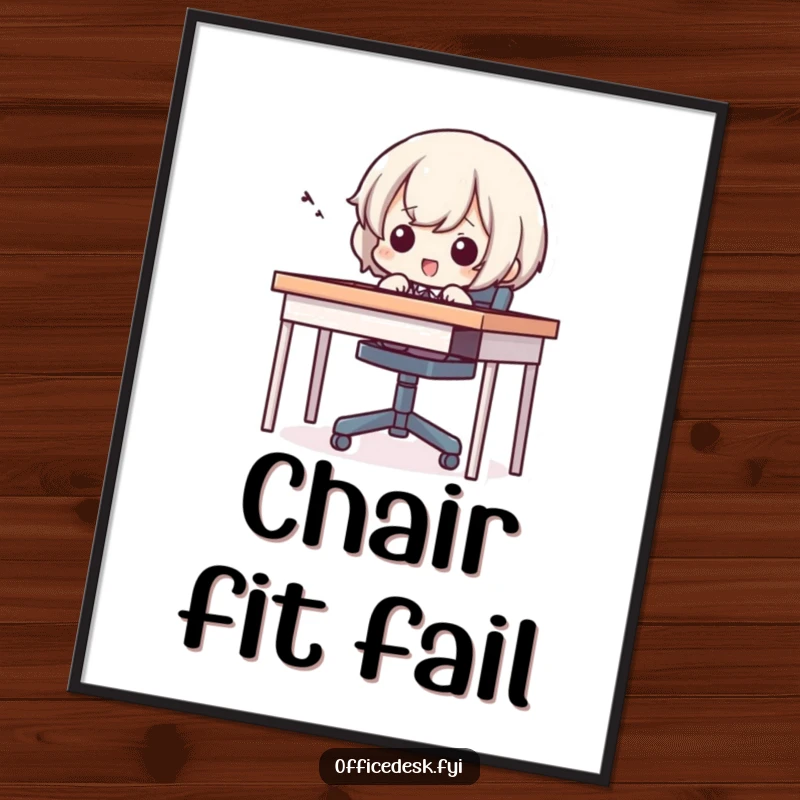 Funny poster artwork of a small character hilariously struggling to fit into a tiny desk chair, evoking amusement.