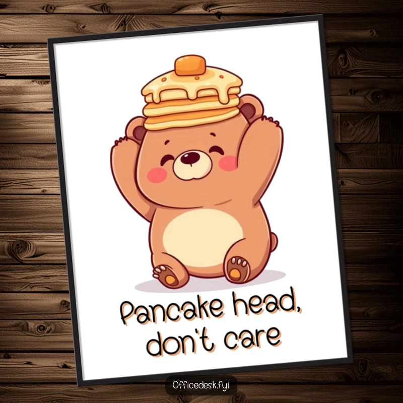 Funny poster art of a clumsy bear hilariously failing to balance a large stack of pancakes on its head, in a whimsical illustration style.
