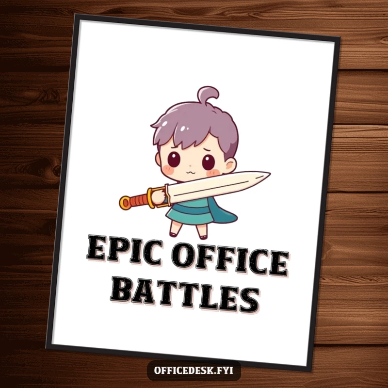 Funny poster art of a tiny character wielding a giant paperclip as a sword, conveying humorous heroism.
