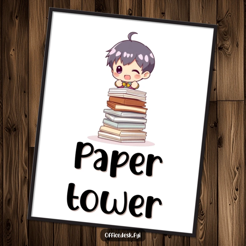 Funny Poster: A miniature figure struggling with an enormous, wobbly pile of papers, creating a humorous office scene.