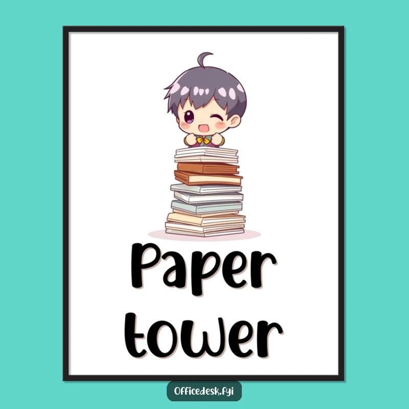 Funny Poster: Tiny Paper Stacker's Hilarious Office Struggle - Art Gift!