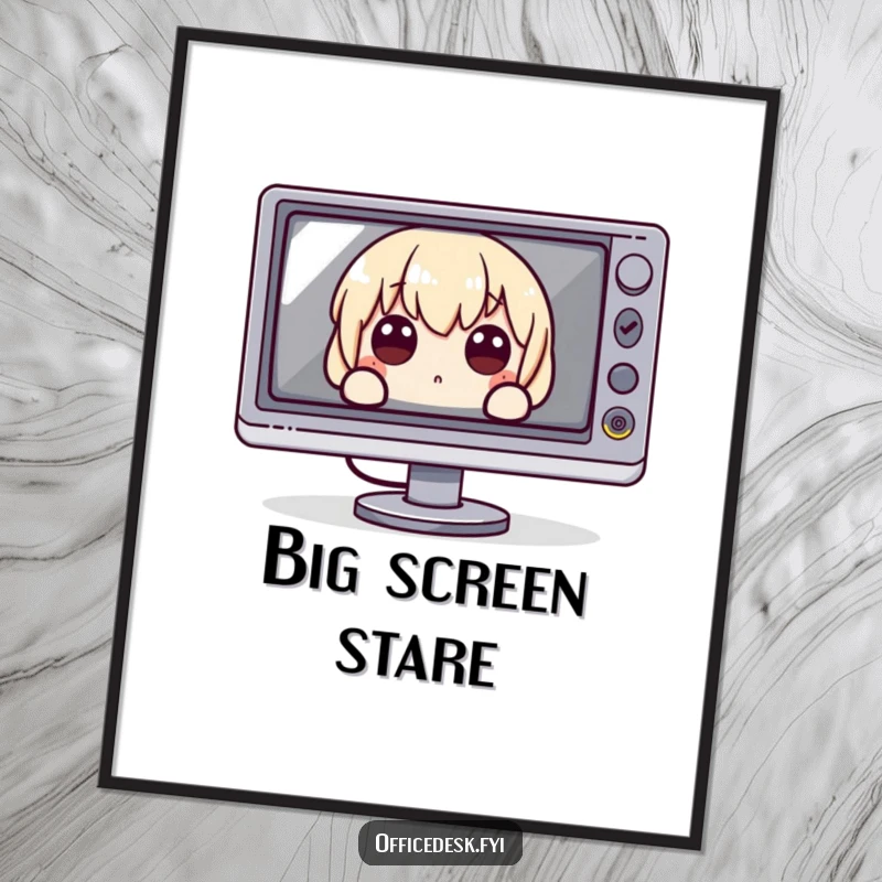 Funny Poster: A character peeking with wide eyes from behind an enormous monitor, conveying the humor of digital immersion.