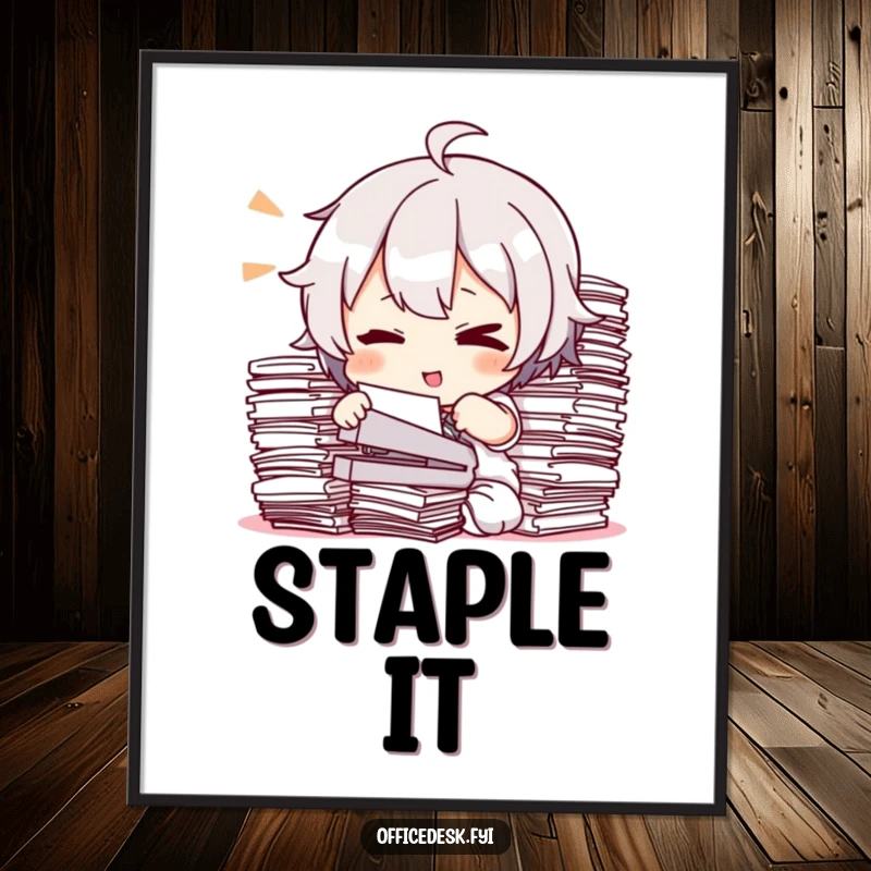 Funny Poster: A character winking while stapling an oversized pile of documents, conveying clever efficiency.