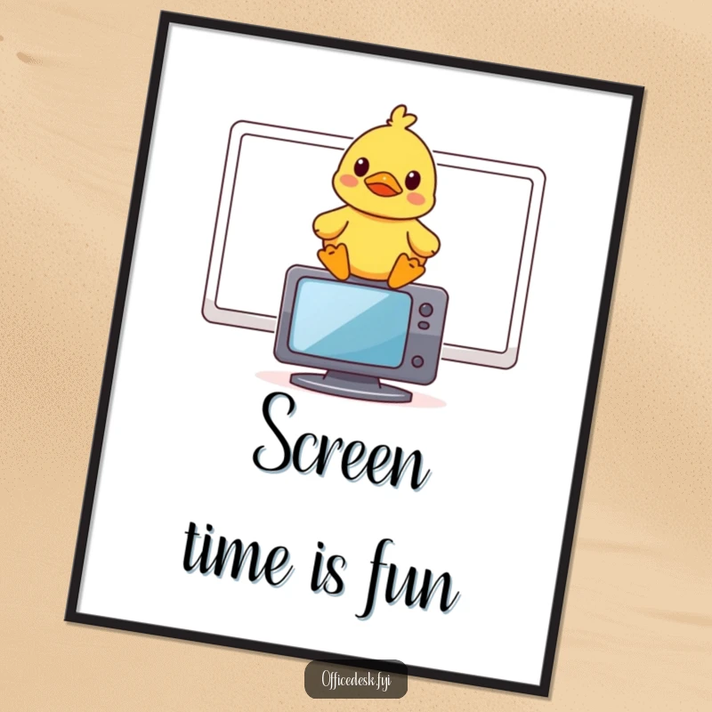 Funny poster print of a small rubber duck sitting on a monitor, with a wonderfully amused expression.