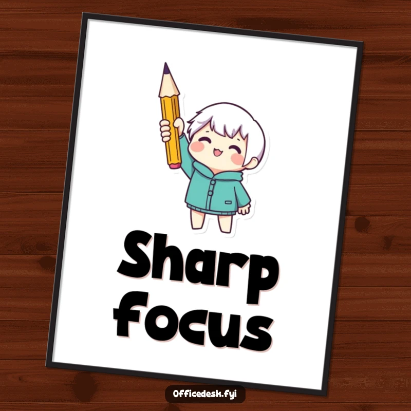 Funny poster depicting a small character proudly holding a sharp pencil, representing focus and success. Motivational wall art.