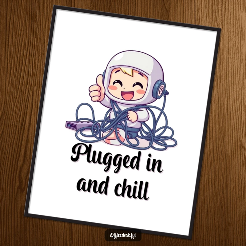 Funny cheerful character giving a thumbs up while tangled in computer cables, as a funny wall art print for tech enthusiasts.