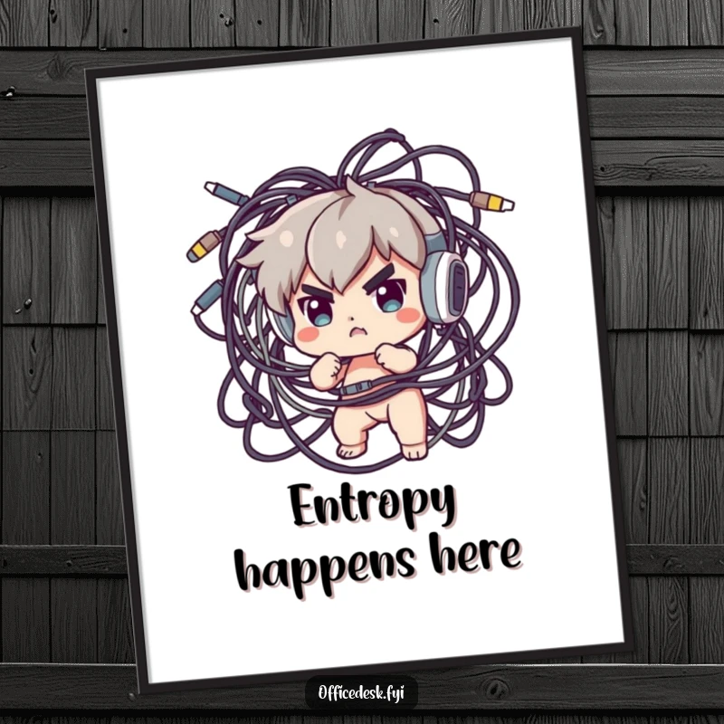 Funny Poster: A small character with intense focus trying to sort out a wild, tangled mass of computer and electronic cables.