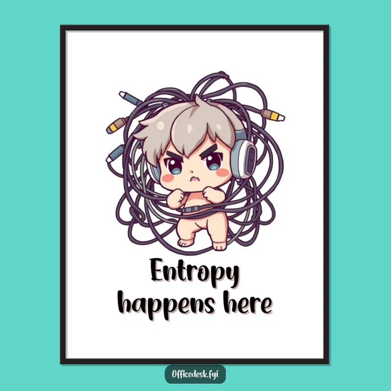 Funny Tech Struggle Poster: Determined Character Taming Cables Chaos, Wall Art Funny Gift