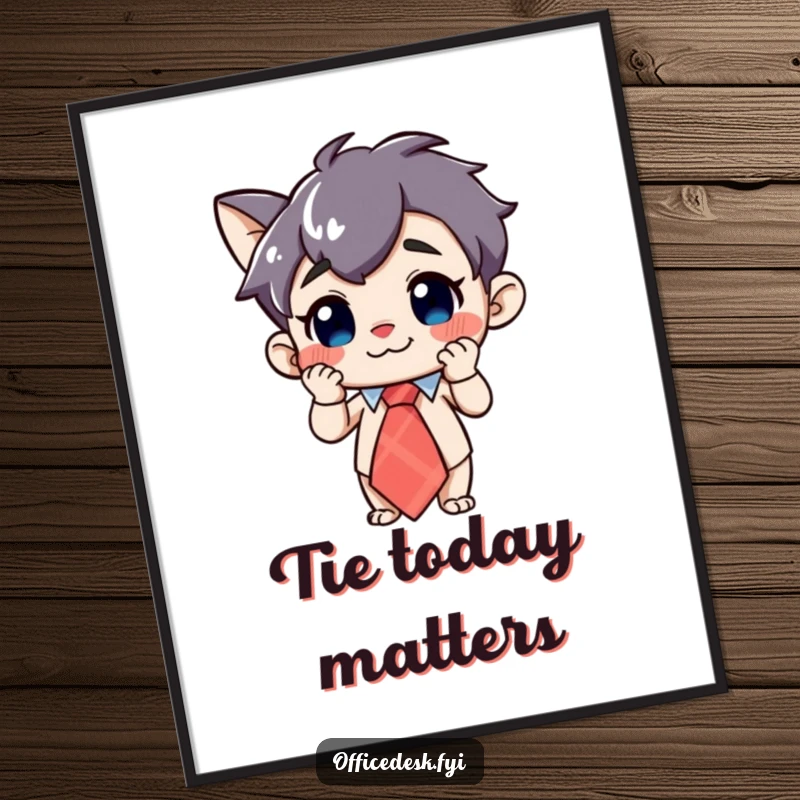 Funny Character Poster: A curious character with a wide grin, adjusting a large, whimsical tie, adding playful decor.