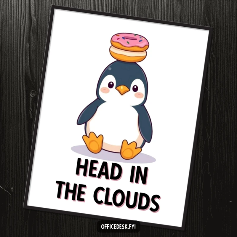Funny plump penguin precariously balancing a stack of donuts, dessert-themed wall art.