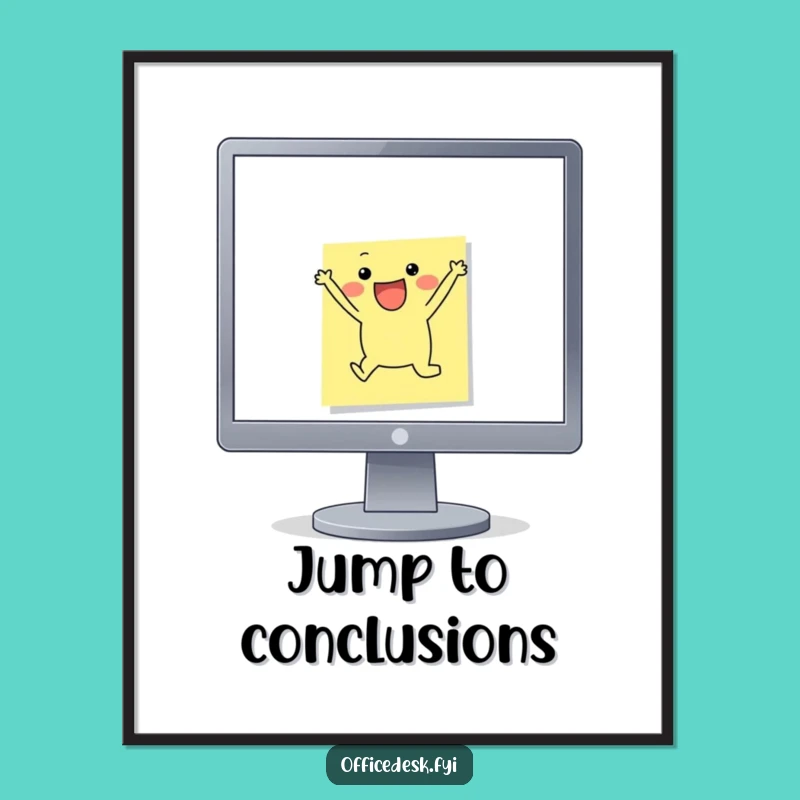 Funny Leap Art Poster: Cheerful Sticky Note Character, Unique Office Decor