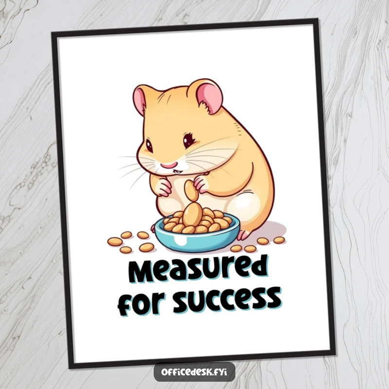 Funny poster of a determined hamster carefully measuring out exactly one seed on a tiny scale, embodying extreme precision and humorous focus.