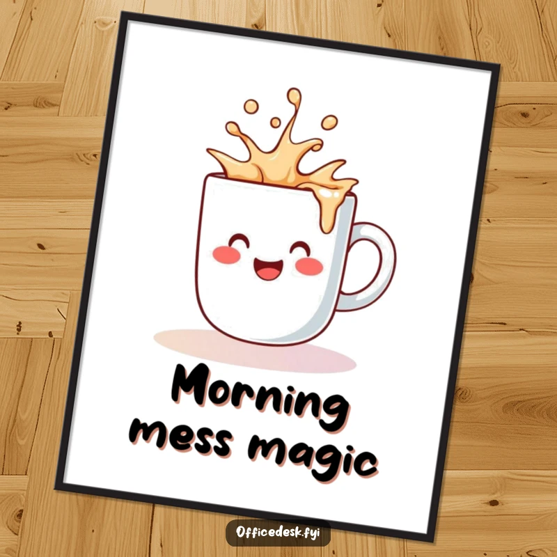 Funny poster of a cute coffee mug character happily spilling a splash of liquid, a joyful and humorous piece.