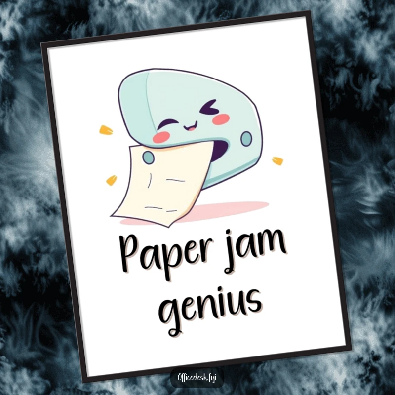 Funny poster art of a cute stapler character with a mischievous wink, forcefully jamming a giant piece of paper.