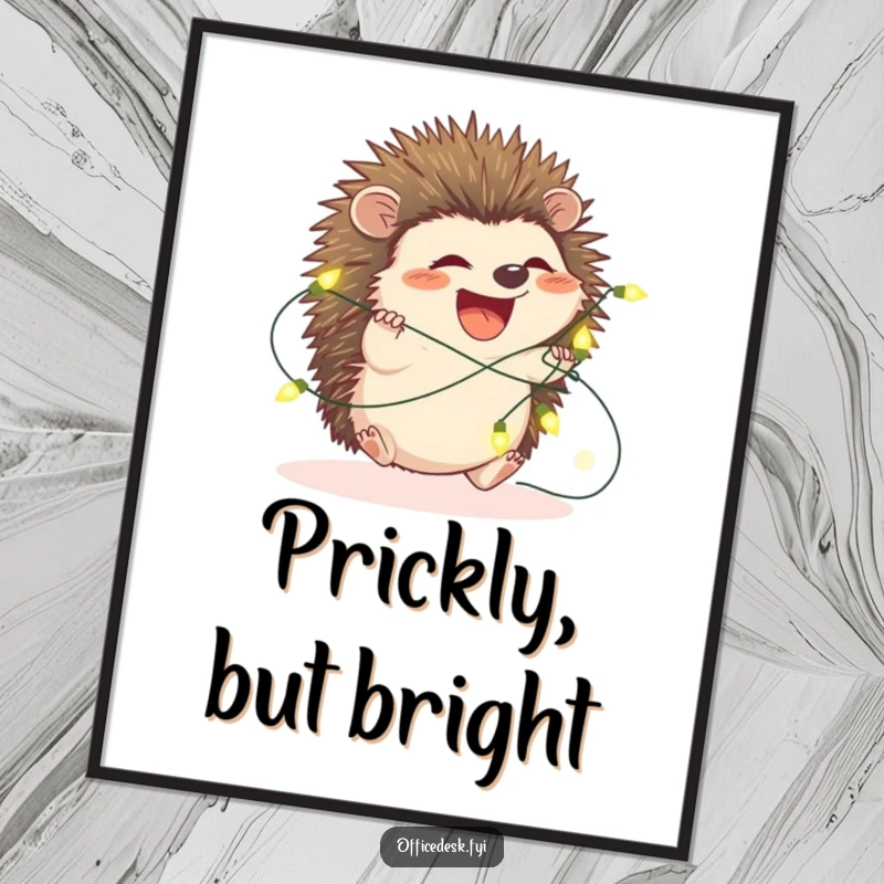 Funny hedgehog poster, a cute hedgehog hilariously entangled in a festive string of glowing fairy lights, whimsical wall art.