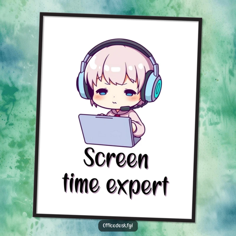 Funny poster of a small character wearing comically huge headphones, staring intently at a screen, conveying deep concentration and focus.