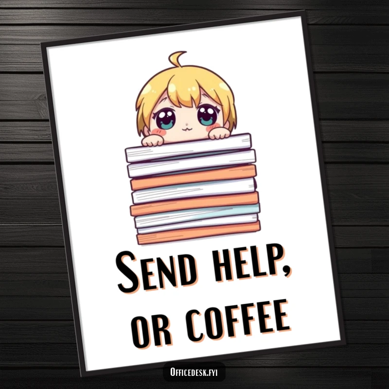 Funny poster featuring a cute character peeking over a huge stack of papers, eyes wide, adding relatable work humor to decor.
