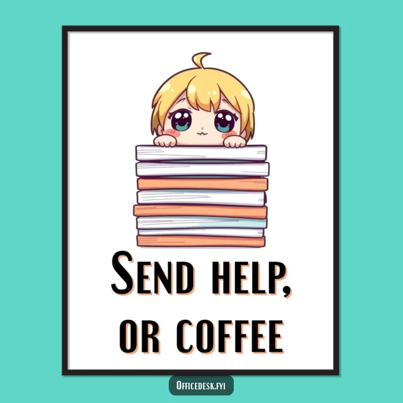 Funny Overwhelmed Papers Poster - Cute Character Art for a Relatable Office Vibe