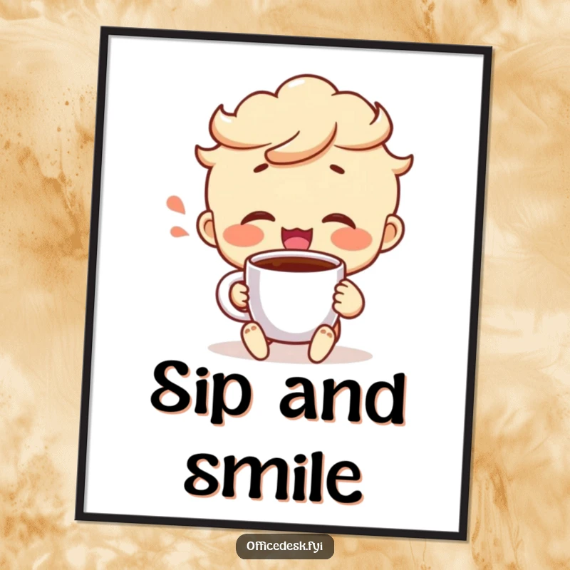 Funny poster art of a cheerful character taking a triumphant sip from a coffee mug, conveying pure satisfaction and happiness.