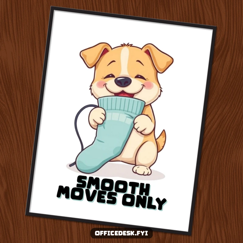 Funny Dog Ironing Poster: A bouncy dog using its nose to iron a sock, symbolizing playful helpfulness and humor for wall decor.