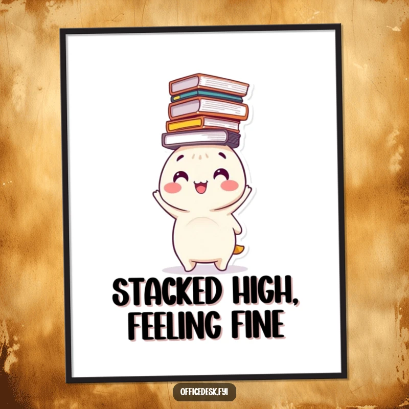 Funny poster featuring a happy character balancing a precarious stack of files on its head, adding motivational organization humor to decor.