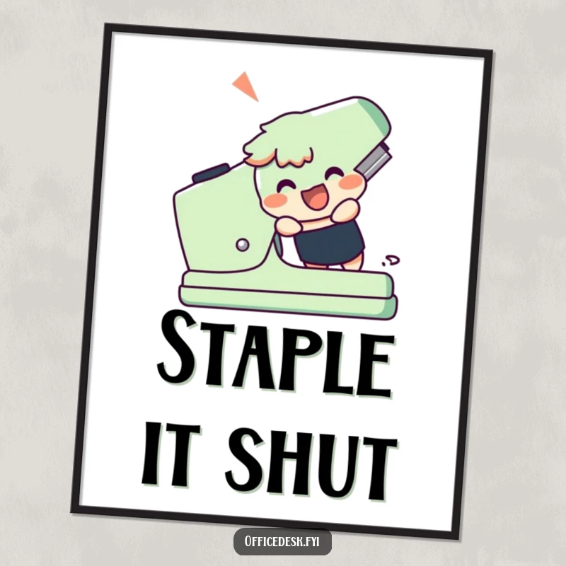 Funny poster of a cheerful character excitedly wrestling with an enormous, giant stapler, embodying ambitious and humorous effort.