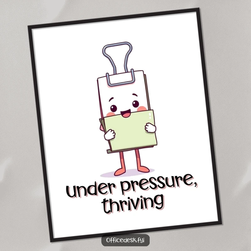 Funny poster print of a happy binder clip character holding an enormous stack of documents with glee.